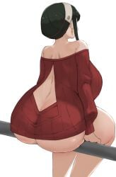 1girls alternate_breast_size ass ass_cleavage black_hair butt_crack curvaceous dat_ass earrings female female_only from_behind gigantic_ass huge_ass huge_breasts human minggoo sitting solo spy_x_family sweater thick_thighs xx682567 yor_briar