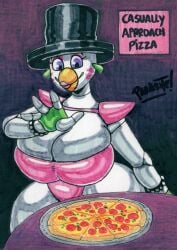 1girls animatronic beak big_breasts breasts cleavage earrings eyeshadow female female_only five_nights_at_freddy's five_nights_at_freddy's:_security_breach glamrock_chica_(fnaf) hand_drawn large_breasts lipstick looking_at_food looking_at_viewer meme parasitedeath partially_clothed pizza purple_eyes solo solo_female solo_focus thick_thighs thighs top_hat tophat virtual_insanity white_body white_skin wide_hips