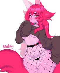 anthro biotari fluffy_tail flushed furry looking_at_viewer pink_body pink_eyes pink_fur pink_hair sleeves small_breasts thighs tights