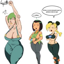 3girls armpits big_breasts cinderello ermes_costello female foo_fighters jojo's_bizarre_adventure jolyne_kujo spanish spanish_text stone_ocean text text_bubble white_background