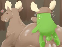 anal antlers balls bean_(dumb_ways_to_die) big_ass botch_(dumb_ways_to_die) dumb_ways_to_die feral_penetrated forest gay green_body moose non-human smaller_male thrusting zoophilia