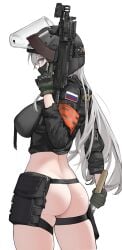 aks-74u ass assault_rifle blue_eyes female female_only female_soldier gun helmet helmet_with_visor looking_at_viewer mask masked masked_female military military_helmet russian russian_flag russian_girl sawkm thigh_belt thigh_holster white_hair