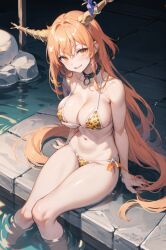 1girls ai_generated bikini breasts female horns large_breasts oni oni_horns orange_eyes orange_hair solo_female suika_ibuki tiger_bikini tiger_print touhou