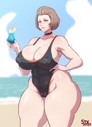 1girls 5tarex armpit_hair beauty_mark blush brown_hair cameltoe choker cleavage curvy drink eyeshadow female female_armpit_hair female_focus female_only fire_emblem fire_emblem:_three_houses hairy hairy_armpits holding_drink holding_glass huge_breasts lipstick manuela_casagranda mature mature_female milf nintendo nipples_visible_through_clothing one-piece_swimsuit orange_eyeshadow pubes pubic_hair pubic_hair_peek solo solo_focus swimsuit