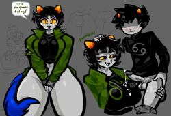 1boy 1girls ass balls big_ass big_breasts bigger_female blush bottomless breasts clothing cum cum_on_breasts dialogue female furry gray_body gray_skin grey_body grey_skin hair_over_eyes homestuck horns huge_breasts karkat_vantas larger_female male massive_breasts ms_paint_adventures multiple_images nepeta_leijon newtype_hero no_pants open_mouth penis sex size_difference smaller_male smile tail thick_thighs wide_hips yellow_sclera