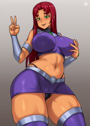 belly_button breasts dc dc_comics female green_eyes jmg koriand'r looking_at_viewer microskirt panties red_hair redhead skirt smile solo starfire stomach superheroine teen_titans thighhighs thighs upskirt v v-sign