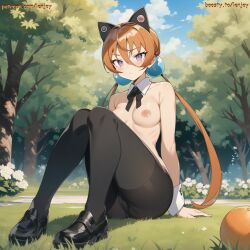 ai_generated alisa_southerncross animal_ears black_pantyhose cat_ears keroro_gunsou lenjoy nipples nude orange_hair outdoors pantyhose sitting tied_hair twintails watermark