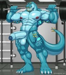 anthro balls barbell clothing erection furry genitals hi_res humanoid_genitalia humanoid_penis jockstrap lizard male male/male muscular muscular_anthro muscular_male nickgray nipples nude pecs penis reptile scalie solo underwear