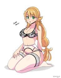 1girls absurdres bare_thighs blonde_hair blush bra breasts cleavage commission english_commentary english_text female female female_only fire_emblem fire_emblem_heroes garter_belt garter_straps green_eyes highres inviting jarckius lap_pillow_invitation lingerie looking_at_viewer medium_breasts nintendo no_pants no_shoes open_mouth panties sharena_(fire_emblem) solo text thighhighs thighs underwear white_bra white_legwear white_panties white_thighhighs