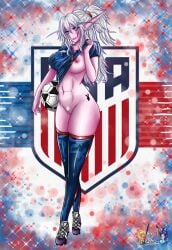 1girls athletic_female big_breasts blizzard_entertainment dryarae eviane night_elf original_character pink_skin soccer soccer_uniform solo thick_thighs thighhighs warcraft white_hair world_of_warcraft