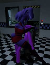 big_breasts black_thighhighs bonfie bonfie_(cryptia) bonnie_(cally3d) bonnie_(fnaf) bunny_ears bunny_girl cally3d clazzey cryptiacurves fazclaire's_nightclub five_nights_at_freddy's fnaf fredina's_nightclub office office_chair purple_bunny purple_ears purple_guy_(fnaf) purple_hat purple_skin red_clothing scottgames sitting_on_lap straight william_afton