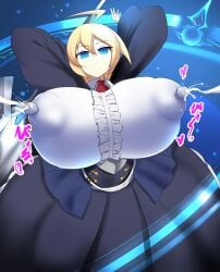 1girls ahoge blazblue blonde_hair breasts breasts_bigger_than_head clothed clothing dress erect_nipples es_(xblaze) expressionless female female_only huge_breasts lactating lactation lactation lactation_through_clothes lactation_without_expressing looking_at_viewer modouchi_output nipple_bulge nipples nipples_visible_through_clothing xblaze