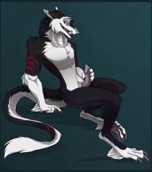 anthro black_body fur genitals hand_on_penis hi_res male male_only penis r-z red_stripes sergal solo stripes tongue tongue_out white_body white_fur xayr