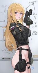 blonde_hair blue_eyes bottomless female female_only female_soldier gun long_hair looking_at_viewer military pistol russian russian_flag russian_girl sawkm smile sticking_out_tongue thigh_belt thigh_holster