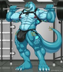 anthro barbell bulge clothing facial_piercing harness hi_res jockstrap lizard male male/male muscular muscular_anthro muscular_male nickgray nipples nose_piercing nose_ring pecs piercing reptile ring_piercing scalie solo underwear