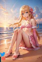 1girls ai_generated ankle_cuffs artsbuyu bangs bare_shoulders bikini blonde_hair blue_eyes blush bra frilled_bikini frilled_skirt hair_between_eyes hair_flower hand_on_knee hi_res legs_together long_hair long_sleeves looking_at_viewer original original_character panties pink_bikini pink_bra pink_flower pink_panties pink_sleeves sandals sitting stable_diffusion