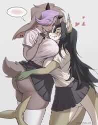 2023 2girls anchovy_(cursedanchovy) anthro ass big_ass big_breasts blush breasts brown_body brown_fur brown_hair canine caprine claws ear_piercing eyebrows eyebrows_visible_through_hair eyes_visible_through_hair female female_only furry furry_only goat goat_ears goat_girl goat_horns goat_tail green_body grey_eyes grey_hair hand_on_butt heart horizontal_pupils horns huge_breasts hybrid mouth_piercing noona_(noona_plz) noona_plz oerba_yun_fang purple_hair shark_girl shark_tail signature simple_background skirt stockings tail thighhighs wolf_ears wolf_girl yellow_eyes yuri