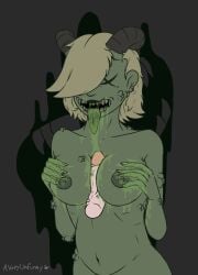 areola averyunfunny big_breasts bodily_fluids breast_play breasts demon demon_humanoid disembodied_penis female genitals green_areola green_nipples green_tongue grey_background grey_horn hair hair_over_eye hand_on_breast hi_res horn horned_humanoid humanoid mahalath_(tboi) male male/female nails navel nipples nude one_eye_obstructed open_mouth paizuri penis saliva sex sharp_nails simple_background slightly_chubby solo tan_hair the_binding_of_isaac titfuck titjob tongue tongue_out undead x_eyes