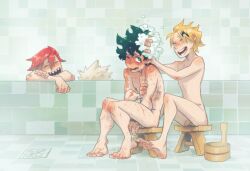 4boys barefoot bath bathhouse bathing bathing_together bathroom bathtub blonde_hair blush blushing completely_nude denki_kaminari eijirou_kirishima embarrassed feet freckles gay green_eyes izuku_midoriya katsuki_bakugou laughing male male/male male_only my_hero_academia nude nude_male red_hair relaxed relaxing scar scars scars_all_over sharp_teeth sitting syblatortue toenails toes washing washing_another washing_hair yaoi yellow_hair