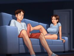 1boy 1girls 2d animated balls bed bed_sheet big_breasts big_penis bottomwear boxers breasts brown_hair clothed clothing couch darkcookie digital_drawing_(artwork) digital_media_(artwork) duo erect_penis erection female foot_fetish footjob gif huge_cock jenny_(summertime_saga) light-skinned_male light_skin living_room long_hair looking_at_penis looking_down main_character_(summertime_saga) male male/female nipples nipples_visible_through_clothing on_bed panties room shirt shorts shorts_down sitting smirk smirking stroking stroking_penis summertime_saga topwear underwear