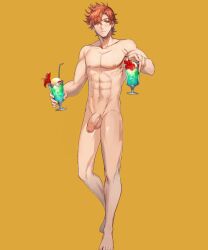 1boy abs bare_legs codename_edit completely_nude drink edit fire_emblem fire_emblem:_three_houses fire_emblem_heroes glass legs looking_at_viewer male male_only muscular muscular_male nintendo nude nude_filter nude_male orange_hair penis smile solo sylvain_jose_gautier sylvain_jose_gautier_(summer) uncensored yellow_background yellow_eyes