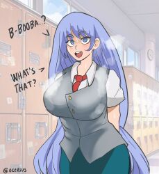 big_breasts blue_eyes blue_hair boku_no_hero_academia breasts confusion hands_behind_back humor locker my_hero_academia nejire_hado ocerius school_uniform schoolgirl schoolgirl_uniform steam steaming_body sweat sweatdrop