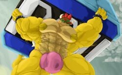 anthro big_muscles bowser dragon hi_res horatio_svetlana huge_muscles hyper hyper_muscles male male_only mario_(series) muscular nintendo pose pow_block scalie super_mario_bros.