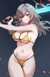 >:) 2d artist_name bikini confident confident_smile cowboy_shot female female_only foxy_rain_(foxyreine) foxyrain_(foxyreine) foxyreine honkai:_star_rail honkai_(series) large_breasts light-skinned_female light_saber light_skin micro_bikini pale-skinned_female pale_skin patreon_username signature solo stelle_(honkai:_star_rail) swinging_weapon thick_thighs thighs watermark wide_hips