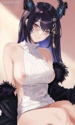 asymmetrical_horns bare_shoulders black_hair blue_hair bottomless breasts colored_inner_hair demon_horns female fur_trim hair_ornament highres hololive hololive_english hololive_english_-advent- horns large_breasts long_hair meme_attire mole mole_under_eye multicolored_hair nerissa_ravencroft nipple_slip nipples no_panties red_eyes smile solo sunset_skyline sweater turtleneck turtleneck_sweater two-tone_hair uneven_horns virgin_killer_sweater virtual_youtuber