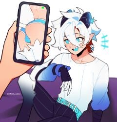 2boys 2d 2d_(artwork) arched_back big_ass blush booty_shorts caelum(vtuber) caelum_vt casual clothed clothing crossdressing faceless_male femboy gay girly holding_object implied_sex indie_virtual_youtuber male male_only open_mouth phone phone_screen public public_exposure solo solo_focus virtual_youtuber yaoi