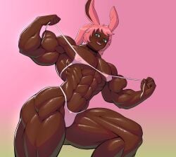 ambush_(trap) biceps bikini bunny_ears choker dark-skinned_femboy dark-skinned_male dark_skin femboy feminine_male heart-shaped_pupils huge_biceps hyper_muscles male muscular muscular_femboy muscular_legs muscular_male muscular_trap pink_hair pinup porirompa trap