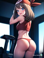 ai_generated ass gym may_(pokemon) nintendo pokemon pokemon_trainer red_clothing shinypiplup small_ass small_breasts small_waist smiling thong