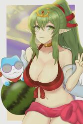 1girls :3 alternate_costume bare_midriff bare_shoulders bare_thighs beach bikini breasts clenched_teeth collarbone female female_only fire_emblem fire_emblem_awakening fire_emblem_engage fire_emblem_heroes green_eyes green_hair hair_between_eyes large_breasts light long_hair looking_at_viewer midriff nintendo official_alternate_costume outdoors ponytail red_bikini red_swimsuit rotomdocs sarong see-through shoulders smile solo sommie_(fire_emblem) sunglasses sunlight swimsuit thighs tiki_(adult)_(fire_emblem) tiki_(adult)_(summer)_(fire_emblem) tiki_(fire_emblem) v veil watermelon