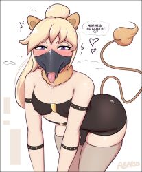 1boy 1male abarus androgynous animal_ears animal_tail blonde_hair blowjob_face bulge dress english_text fellatio_face fellatio_mask femboy latex_mask mask ponytail purple_eyes suck_mask suckmask tagme tail text thighhighs trap