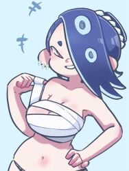 bandage big_breasts blue_hair cleavage female looking_at_viewer shiver_(splatoon) skindentation smile solo splatoon splatoon_3 whichdoll