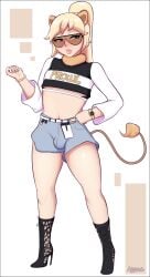 1boy 1male abarus androgynous animal_ears animal_tail blonde_hair bulge crop_top english_text femboy freckles high_heel_boots high_heels lion_ears lion_tail male male_only original ponytail purple_eyes skirt skirt_bulge solo sunglasses tagme tail text trap