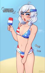 1boy 1male abarus american_flag_bikini androgynous arvis_(abarus) beach bikini bikini_bottom bikini_bulge bikini_top bulge cum discreet_vibrator english_text exhibitionism eyeshadow femboy headband headwear leaking_cum lipstick male male_only original public red_eyes reluctant remote_control_vibrator small_penis tagme text trap vibrator white_hair