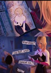 1boy 1girls 3d ? accurate_art_style alternate_body_type asymmetrical_hair black_hair blonde_hair breasts canonical_scene condom dark-skinned_male dark_skin dialogue drawing embarrassed english_text funny gwen_art_check gwen_stacy gwen_stacy_(spider-verse) hentaidges humor large_breasts light-skinned_female light_skin marvel marvel_cinematic_universe marvel_comics meme miles_morales milf mommy mommy_kink sketch sketchbook speech_bubble spider-gwen spider-man:_across_the_spider-verse spider-man:_into_the_spider-verse spider-man_(series) text