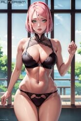 1girls ai_generated alterism alternate boruto:_naruto_next_generations bra breast female female_only green_eyes groin haruno_sakura indoors large_breasts lingerie looking_at_viewer mature_female narrow_waist naruto naruto_(series) parted_lips pink_hair sakura_haruno short_hair size solo stable_diffusion standing thick_thighs underwear wide_hips