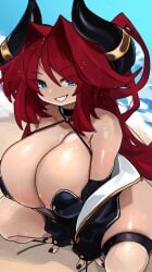 1girls beach blue_eyes breasts cleavage female hi_res horn_ring horns huge_breasts kneeling light-skinned_female light_skin long_hair looking_at_viewer massive_breasts naughty_face original original_character red_hair refers shortstack smile smiling smiling_at_viewer thick_thighs tsunoko zanamaoria