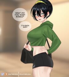 1girls aged_up athletic_female avatar_legends avatar_the_last_airbender bag big_breasts black_hair blind blind_eye blind_girl blush blushing bow breasts busty curves curvy curvy_body curvy_female curvy_figure dark_hair ear earth_kingdom english_text female fully_clothed gym_bag gym_clothes gym_shorts gym_uniform hairbow hand_on_hip hoodie huge_breasts large_ass light-skinned_female light_skin midriff milkybrush nike pale_eyes pov shorts sokka solo speech_bubble sports_shorts talking_to_viewer text thick thick_thighs thighs tomboy toph_bei_fong