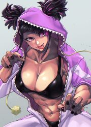 1girls abs black_nails black_panties breasts cleavage hi_res juri_han large_breasts looking_at_viewer mikel_bk multicolored_hair muscular_female navel official_alternate_costume onesie pajamas panties pink_eyes solo street_fighter street_fighter_6 tongue_out underwear unzipped