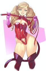 1girls absurd_res ann_takamaki blonde_hair blue_eyes boots clothing female female_only gloves greenmarine holding_weapon holding_whip human long_hair looking_at_viewer makeup modified_costume pale_skin persona persona_5 phantom_thief_suit smile smiling smiling_at_viewer solo tail teasing teeth_showing thigh_boots thighhighs twintails whip