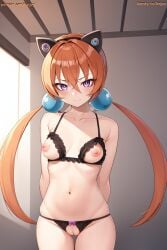 ai_generated alisa_southerncross animal_ears cat_ears crotchless_clothes crotchless_panties keroro_gunsou lenjoy nipples nude orange_hair outdoors pussy sitting small_breasts tied_hair twintails watermark