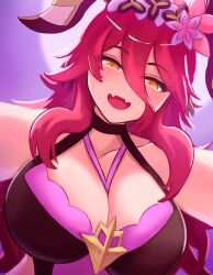 1girls big_breasts breasts ciderwrath cleavage clothed_female cygames dragalia_lost dragon dragon_girl dragon_horns fangs female female_only flower flower_in_hair horns huge_breasts large_breasts mym mym_(dragalia_lost) nintendo oerba_yun_fang red_hair summer swimsuit swimwear tagme