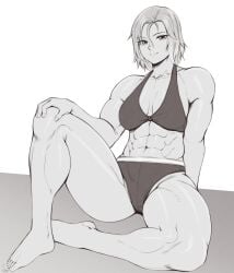 1girls abs absurd_res adonis_belt bare_shoulders barefoot breasts cleavage greyscale hi_res looking_at_viewer medium_breasts messy_hair monochrome muscular muscular_female navel original original_character panties short_hair signature sitting solo speedl00ver thick_thighs underwear