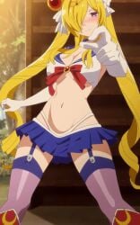 1girls blonde_hair blush breasts cosplay frey_(megami-ryou_no_ryoubo-kun) hips long_hair medium_breasts megami-ryou_no_ryoubo-kun nipples purple_eyes screencap thick_thighs thighhighs thighs tummy