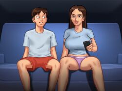 1boy 1girls 2d big_breasts bottomwear boxers breasts brown_hair clothed clothing couch darkcookie digital_drawing_(artwork) digital_media_(artwork) duo female holding holding_object holding_remote jenny_(summertime_saga) light-skinned_female light-skinned_male light_skin living_room long_hair looking_at_partner looking_to_the_side main_character_(summertime_saga) male male/female on_couch panties room shirt shorts sitting summertime_saga thick_thighs topwear underwear