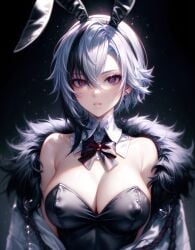 1girls ai_generated arlecchino_(genshin_impact) bare_shoulders big_breasts black_bowtie black_eyes black_hair black_leotard bowtie bunny_ears bunny_girl bunnysuit cleavage coat coat_on_shoulders dark_background detached_collar erection_under_clothes fur-trimmed_coat fur_trim genshin_impact hair_between_eyes hi_res huge_breasts leotard light_particles looking_at_viewer multicolored_hair pale-skinned_female pale_skin parted_lips shiny_hair shiny_skin single_earring solo strapless strapless_leotard streaked_hair white_hair x-shaped_pupils x_eyes