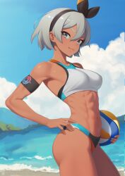 1girls abs ass athletic_female ball bea_(pokemon) beach beachball black_hairband blue_sky breasts closed_mouth cloud dark-skinned_female dark_skin day grey_eyes grey_hair hairband holding holding_ball holding_beachball looking_at_viewer medium_breasts muscular muscular_female nintendo ocean outdoors pokemon pokemon_ss putcher short_hair sky smile solo sport_panties sports_bra standing tan thighs